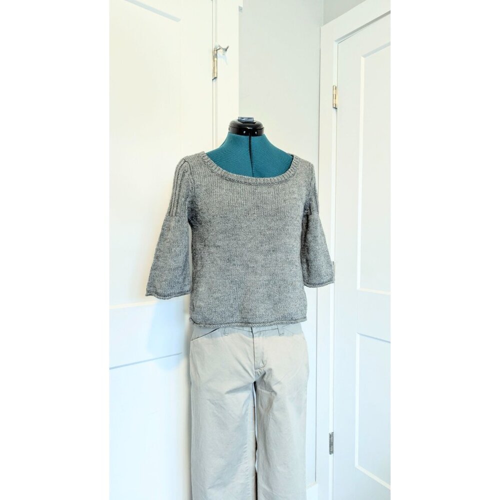 Heritage 1981 Cropped Sweater Large Y2K Grey Knit Wool Scoop Neck Bell Sleeves